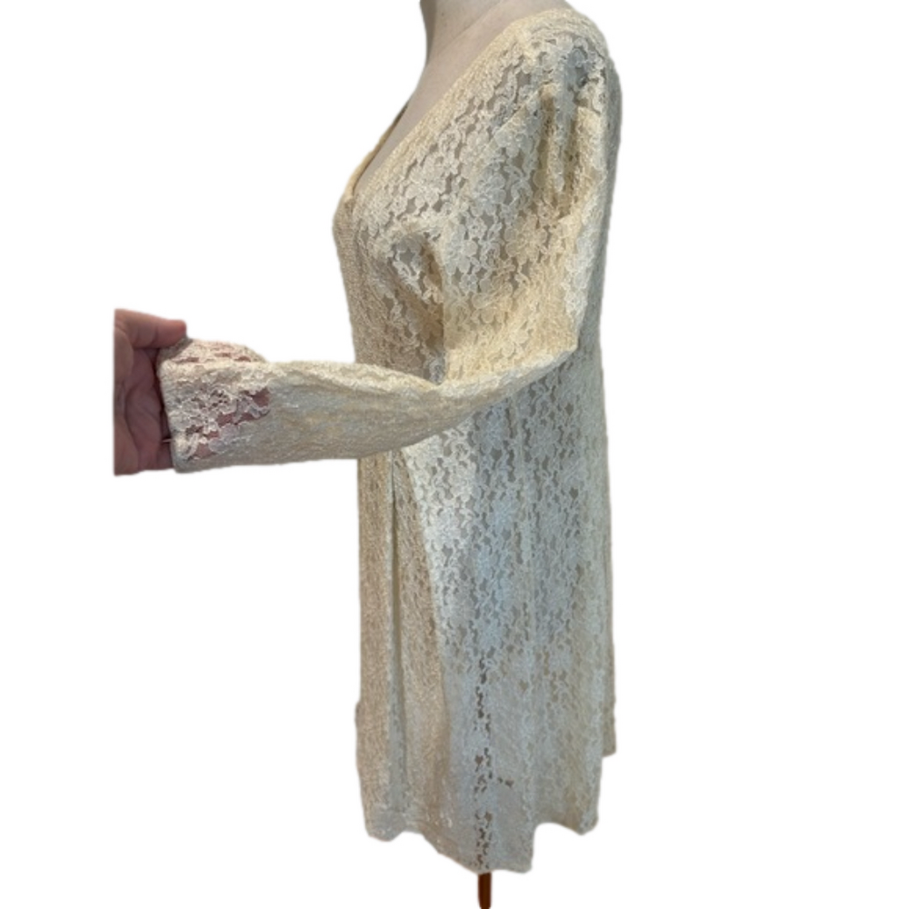 80s FLORAL LACE TUNIC DRESS COQUETTE GIRL EMPIRE BODICE W PLEATED SKIRT 10 - Picture 4 of 11